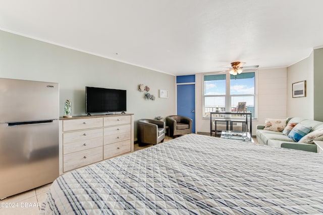 tiled bedroom featuring ceiling fan, stainless steel fridge, and crown molding