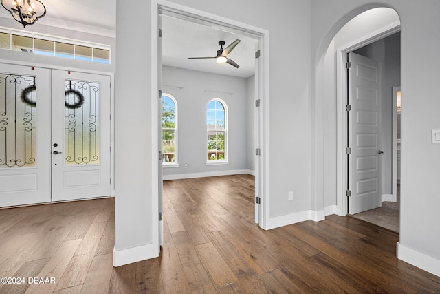 entrance foyer featuring dark hardwood / wood-style flooring, french doors, and ceiling fan