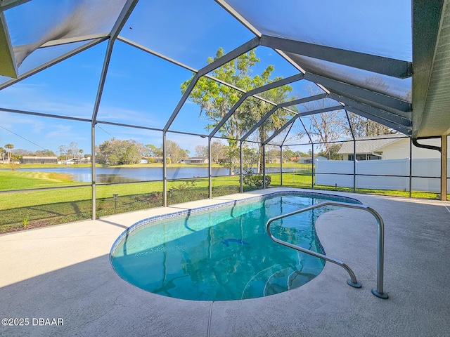 view of swimming pool with a lanai, a patio area, a water view, and a yard