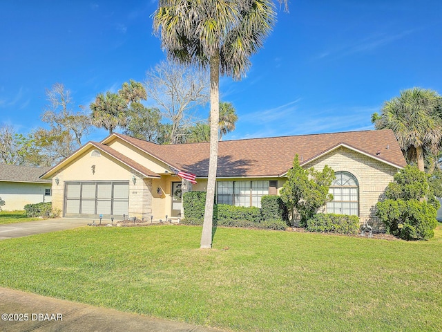 single story home with a front yard and a garage