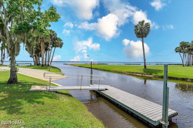 dock area featuring a water view and a yard