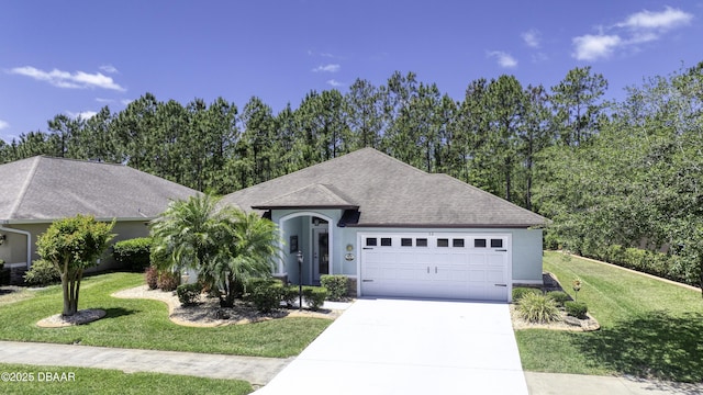 30 Foxfield Look, Ormond Beach, FL 32174 - ranch-style house featuring driveway, a front yard, a garage, a shingled roof, and stucco siding