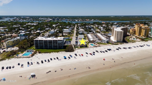 aerial view featuring a beach view and a water view