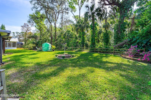 view of yard featuring a storage shed, a fenced backyard, and an outbuilding