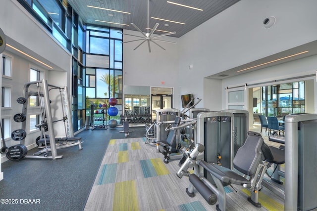 exercise room with a healthy amount of sunlight and a high ceiling