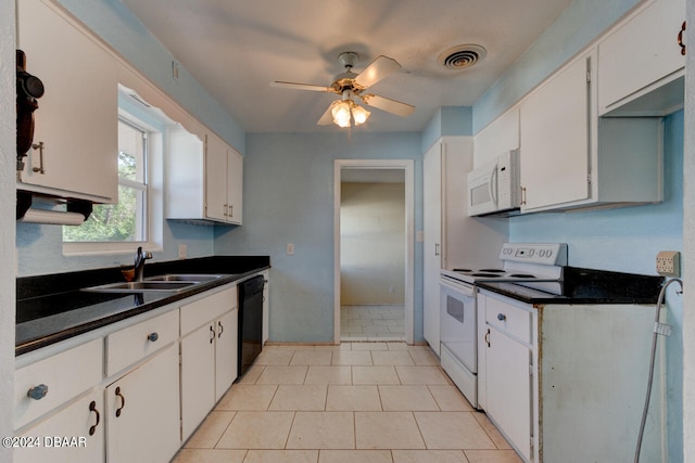 kitchen with sink, ceiling fan, light tile patterned floors, white appliances, and white cabinets