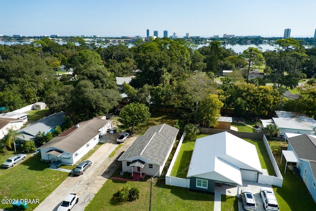 bird's eye view with a water view