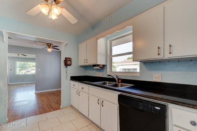 kitchen with sink, light hardwood / wood-style floors, white cabinets, dishwasher, and ceiling fan