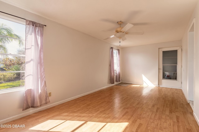 spare room featuring a wealth of natural light, light hardwood / wood-style floors, and ceiling fan