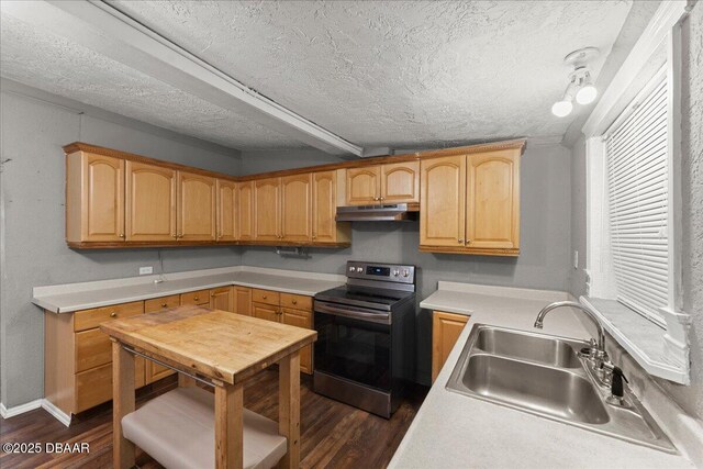 kitchen featuring stainless steel electric range oven, under cabinet range hood, a sink, dark wood finished floors, and light countertops