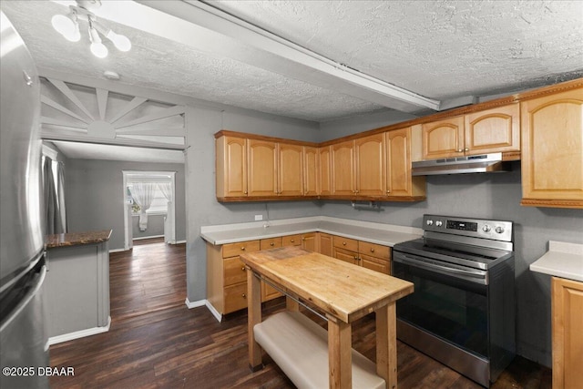 kitchen featuring appliances with stainless steel finishes, dark wood-style floors, under cabinet range hood, baseboards, and a textured ceiling