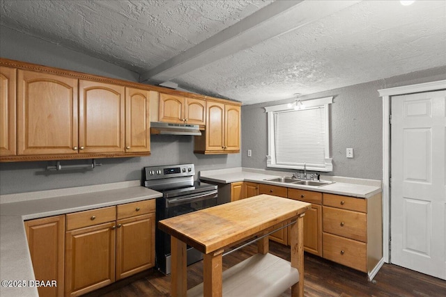 kitchen with stainless steel electric stove, a sink, under cabinet range hood, dark wood-type flooring, and light countertops
