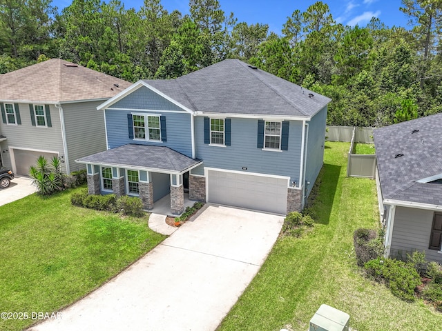 153 Orient Dr, Saint Augustine, FL 32092 - view of front of home with an attached garage, driveway, stone siding, a porch, and a front lawn