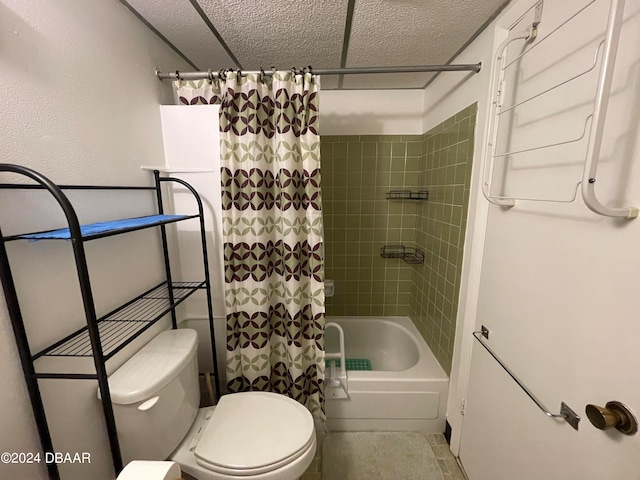 bathroom featuring shower / tub combo with curtain, a textured ceiling, toilet, and tile patterned flooring