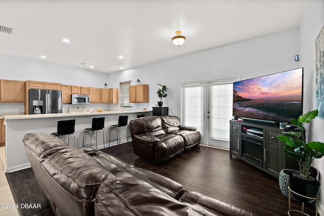 living room featuring dark wood-type flooring