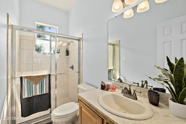 bathroom with an enclosed shower, vanity, and toilet