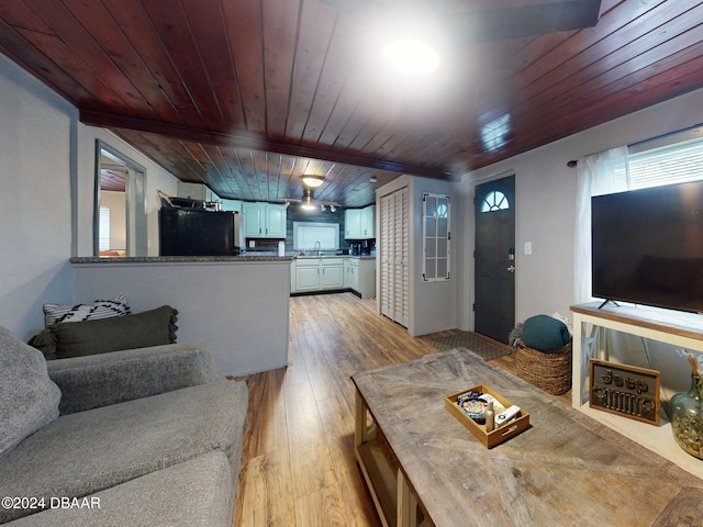 living room with light hardwood / wood-style flooring and wood ceiling