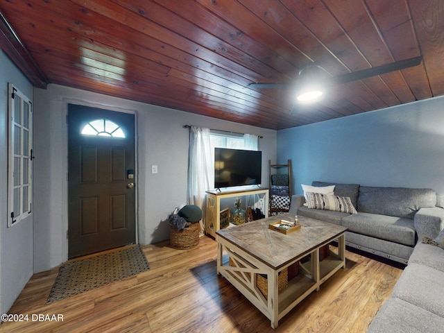 living room featuring light hardwood / wood-style floors, plenty of natural light, and wooden ceiling