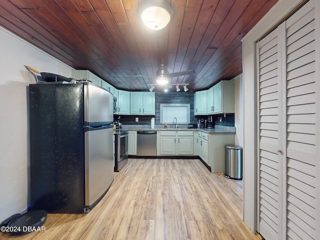 kitchen featuring sink, tasteful backsplash, light hardwood / wood-style floors, wood ceiling, and appliances with stainless steel finishes