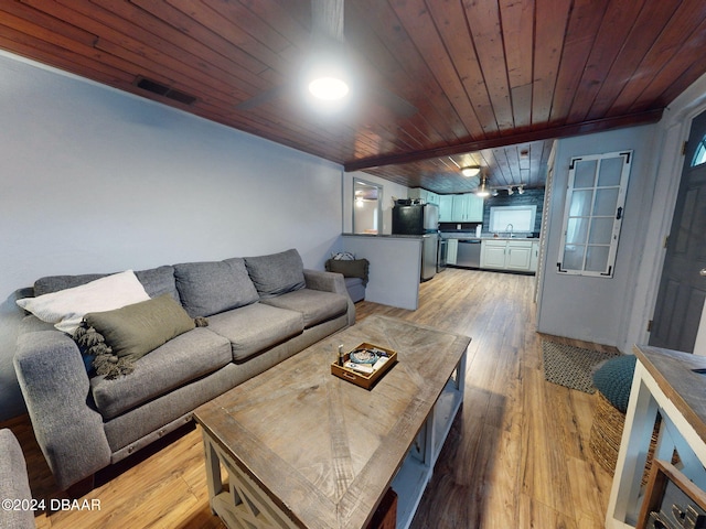 living room featuring light hardwood / wood-style flooring, wooden ceiling, and sink