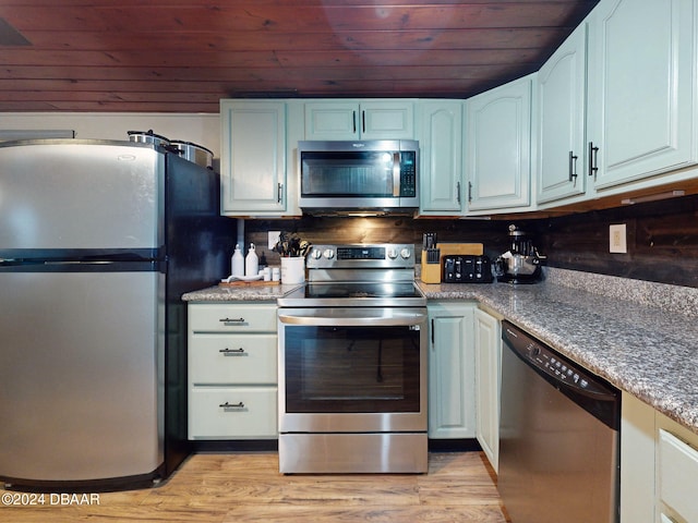 kitchen featuring light hardwood / wood-style flooring, stainless steel appliances, white cabinetry, and wood ceiling