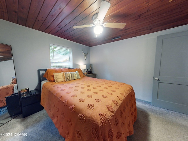 carpeted bedroom featuring ceiling fan and wooden ceiling