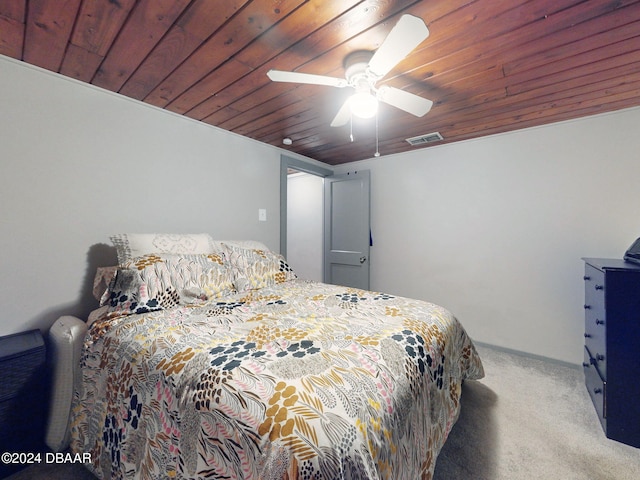 bedroom featuring carpet flooring, ceiling fan, and wood ceiling