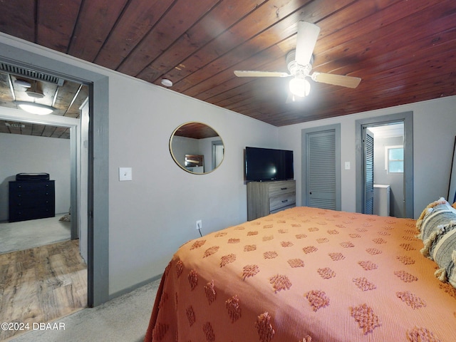 bedroom with wood-type flooring, vaulted ceiling, ceiling fan, and wooden ceiling