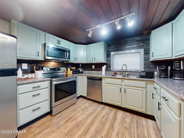 kitchen with rail lighting, stainless steel appliances, sink, wooden ceiling, and white cabinetry