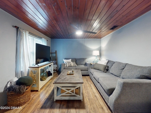 living room with ceiling fan, wooden ceiling, and light hardwood / wood-style floors