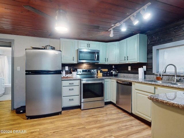 kitchen with sink, stainless steel appliances, white cabinets, wood ceiling, and light wood-type flooring