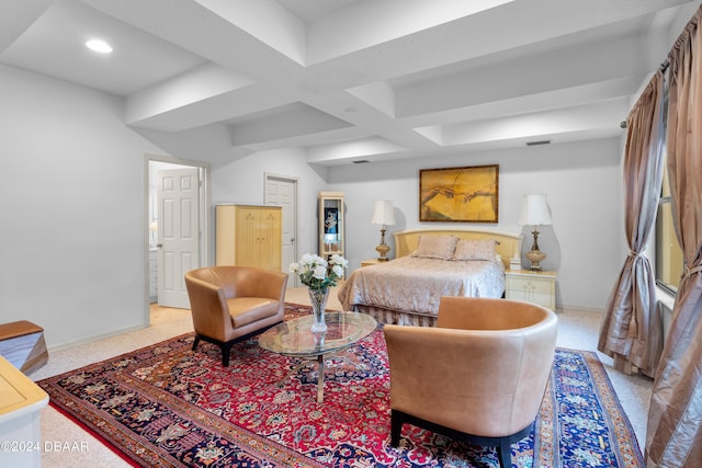 carpeted bedroom featuring beamed ceiling and coffered ceiling