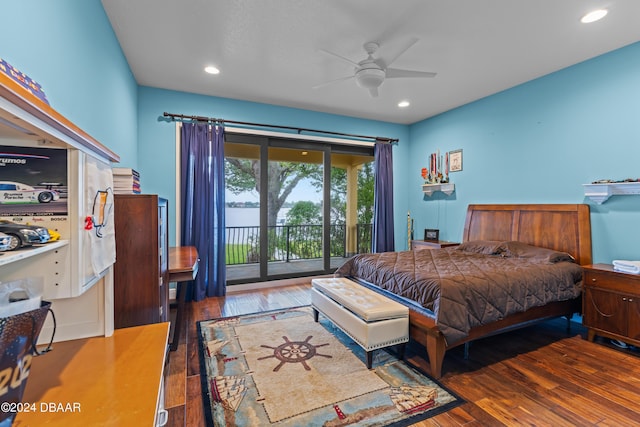 bedroom with dark hardwood / wood-style flooring, access to outside, and ceiling fan