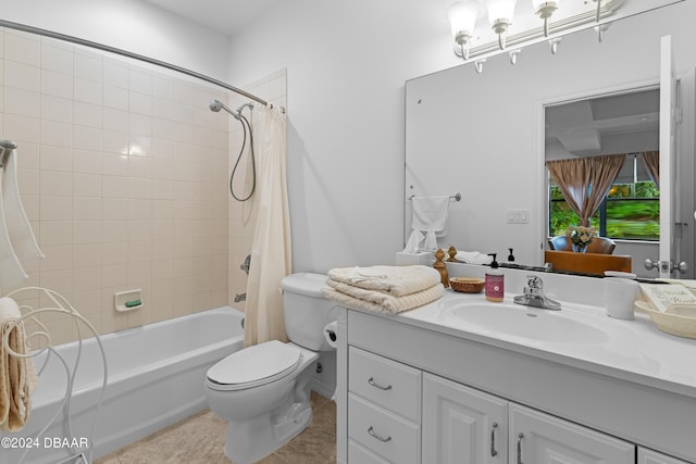 full bathroom featuring tile patterned flooring, vanity, toilet, and shower / bathtub combination with curtain