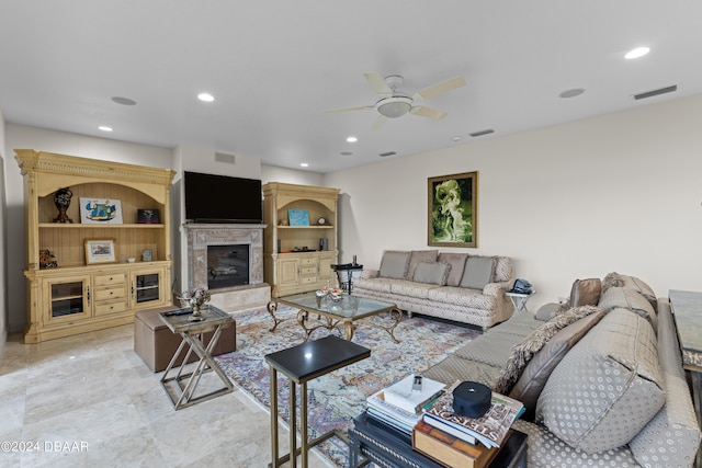 living room with ceiling fan