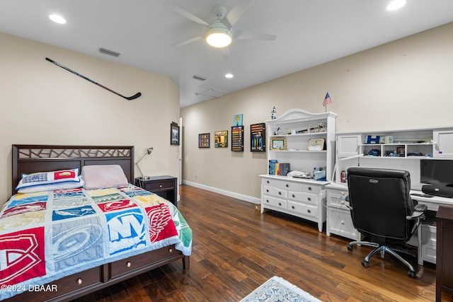 bedroom featuring ceiling fan and dark hardwood / wood-style flooring