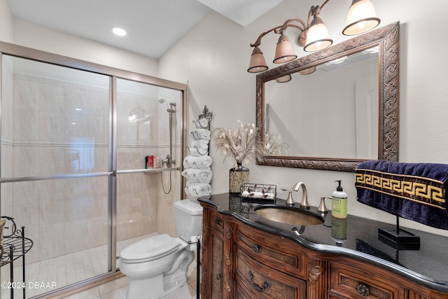 bathroom with tile patterned flooring, vanity, toilet, and an enclosed shower