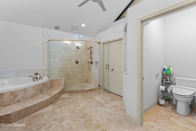 bathroom featuring a textured ceiling, ceiling fan, independent shower and bath, toilet, and lofted ceiling