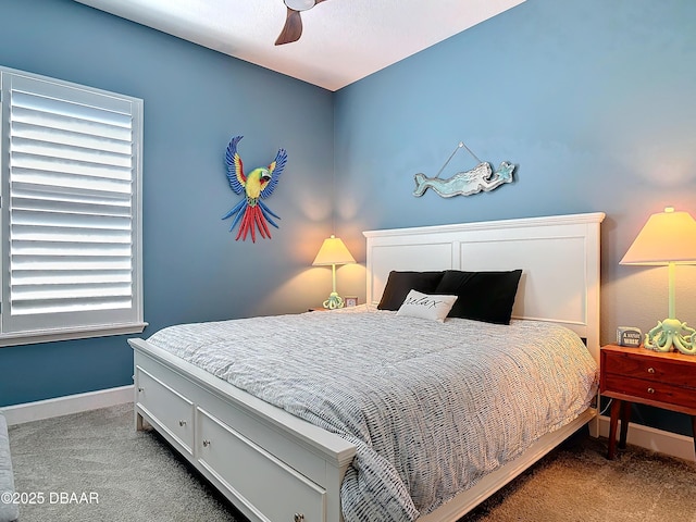 bedroom with carpet flooring, ceiling fan, and baseboards