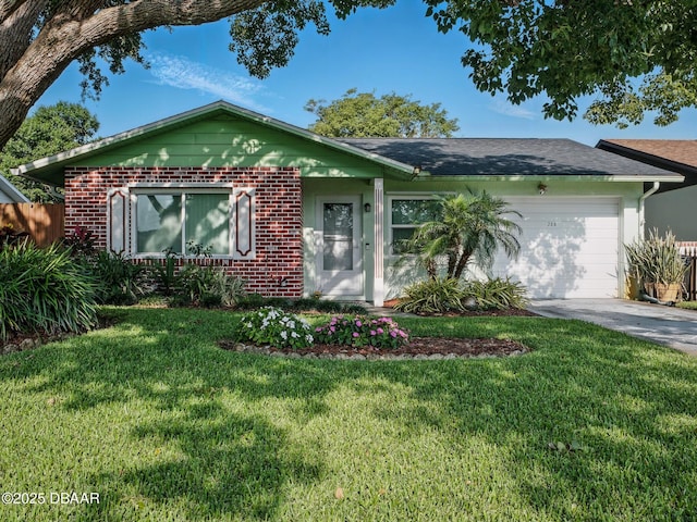 708 Egret Ct, Edgewater, FL 32141 - ranch-style house with an attached garage, brick siding, a front lawn, driveway, and roof with shingles