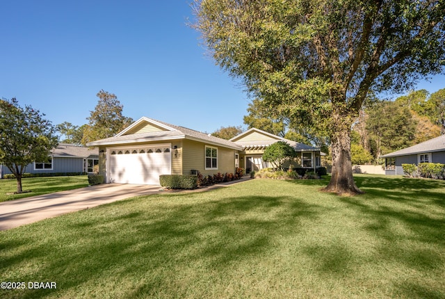 ranch-style house with a front yard and a garage