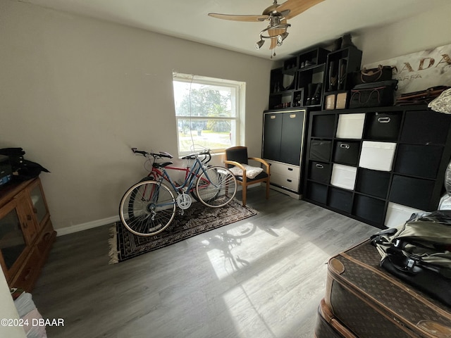 misc room with hardwood / wood-style floors and ceiling fan