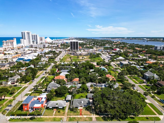 aerial view featuring a water view and a city view