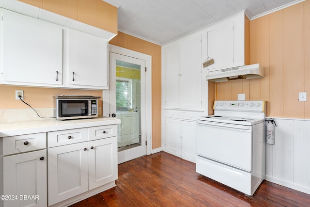 kitchen with washer / dryer, dark hardwood / wood-style floors, white cabinetry, and white electric stove