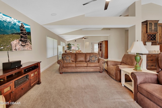 1329 Sunningdale Ln, Ormond Beach, FL 32174 - living room with a ceiling fan, vaulted ceiling, and light carpet