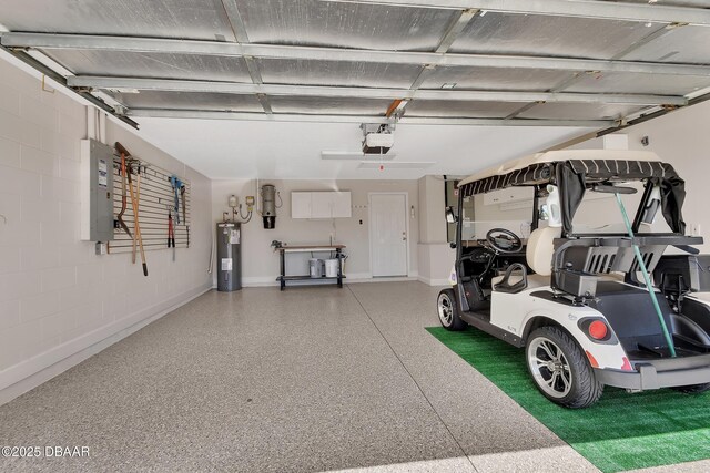 1329 Sunningdale Ln, Ormond Beach, FL 32174 - garage featuring water heater, electric panel, a garage door opener, and concrete block wall
