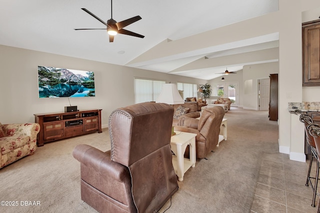 1329 Sunningdale Ln, Ormond Beach, FL 32174 - living area featuring a ceiling fan, vaulted ceiling, and light carpet