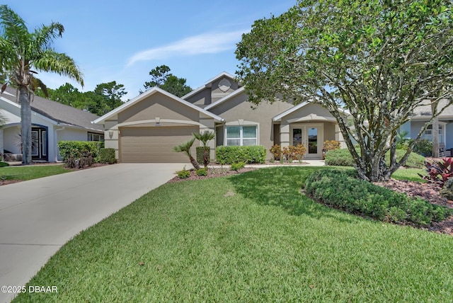 1329 Sunningdale Ln, Ormond Beach, FL 32174 - view of front of house with stucco siding, a garage, concrete driveway, and a front lawn