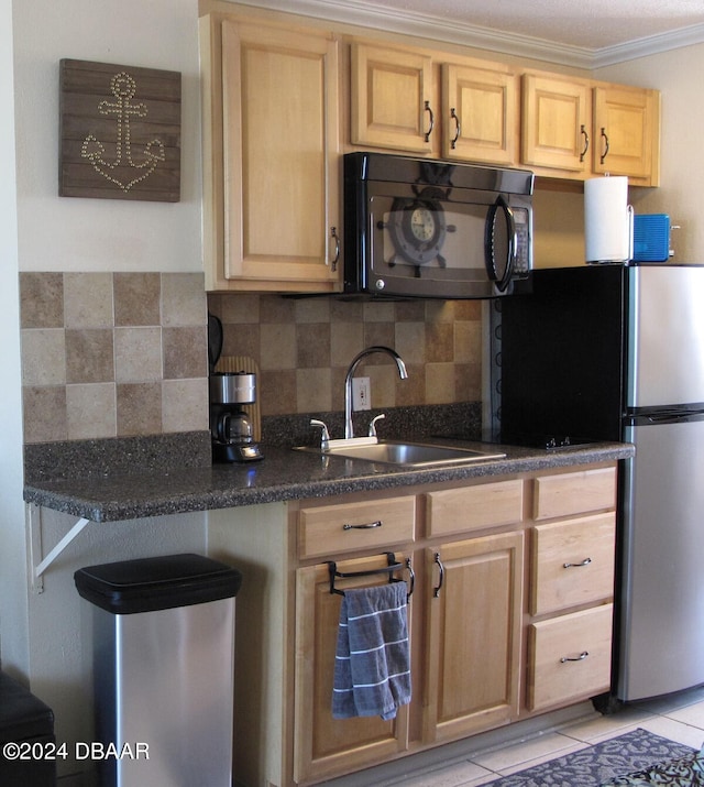 kitchen with sink, ornamental molding, light brown cabinetry, light tile patterned floors, and decorative backsplash