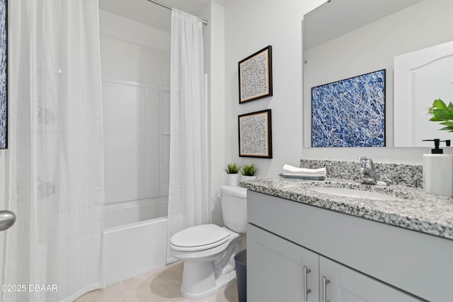 full bathroom with tile patterned flooring, vanity, toilet, and shower / bathtub combination with curtain